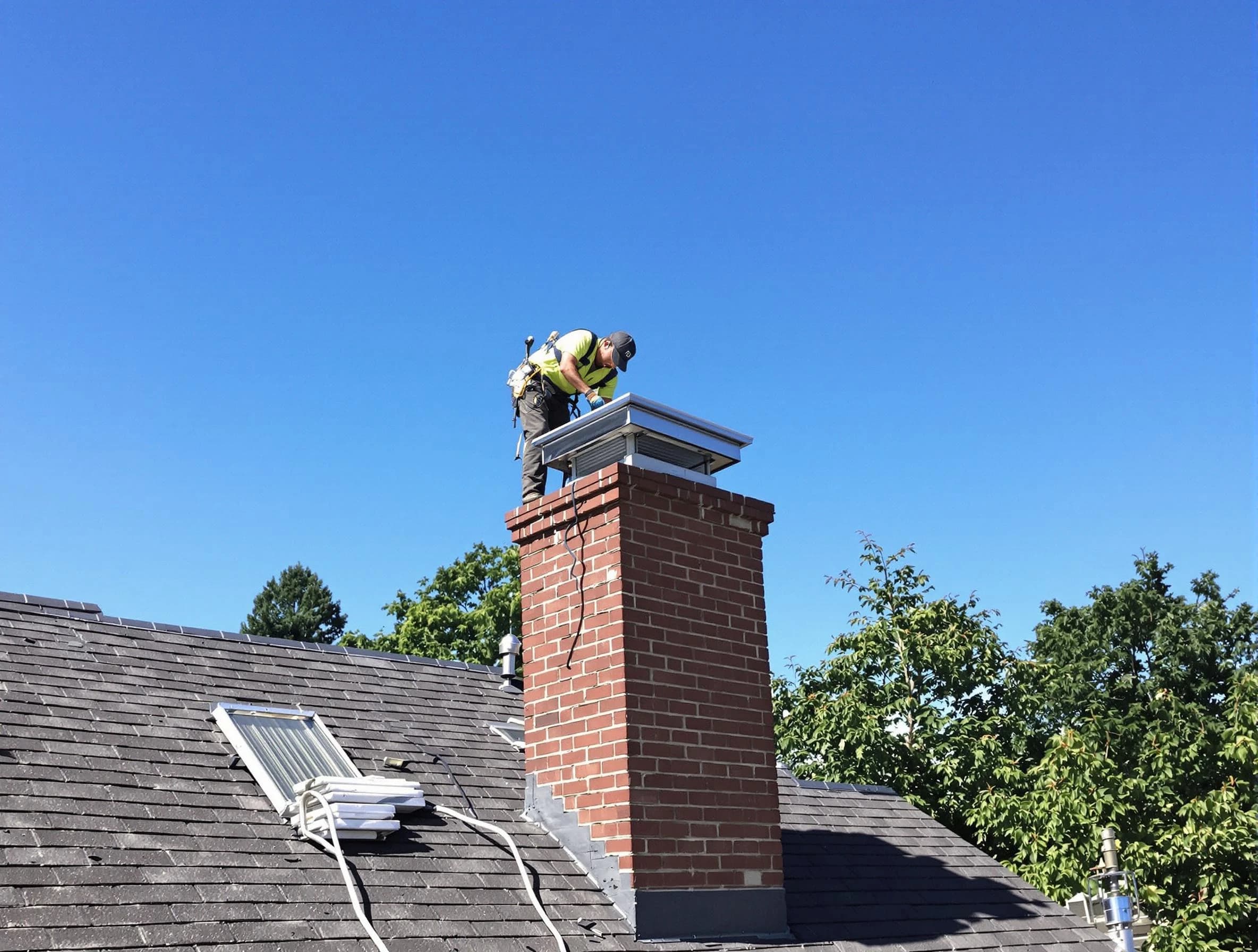 West Orange Chimney Sweep technician measuring a chimney cap in West Orange, NJ